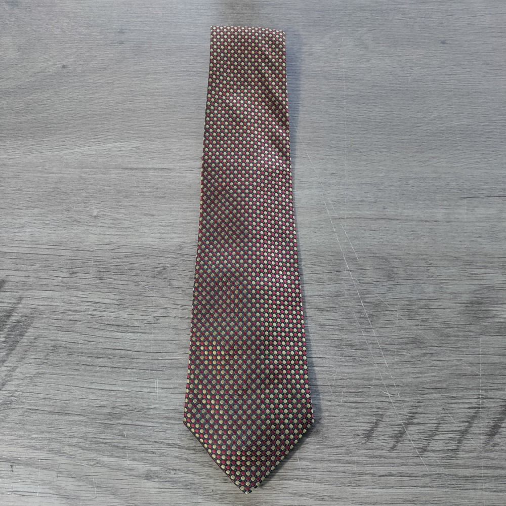 Burberrys Mens Silk Tie Red Gold Green Geometric Dot Made in England Vintage